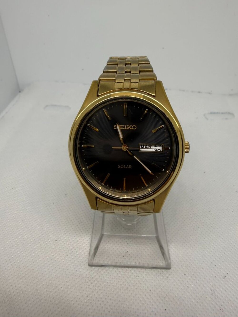 Seiko SNE044 Men's 37mm Gold-Tone Solar Black Dial Day/Date Bracelet Watch